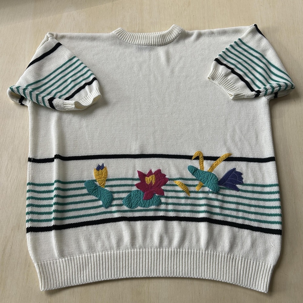 Vintage Venezia Sportswear Sweater Womens One Size White Striped Floral Knit